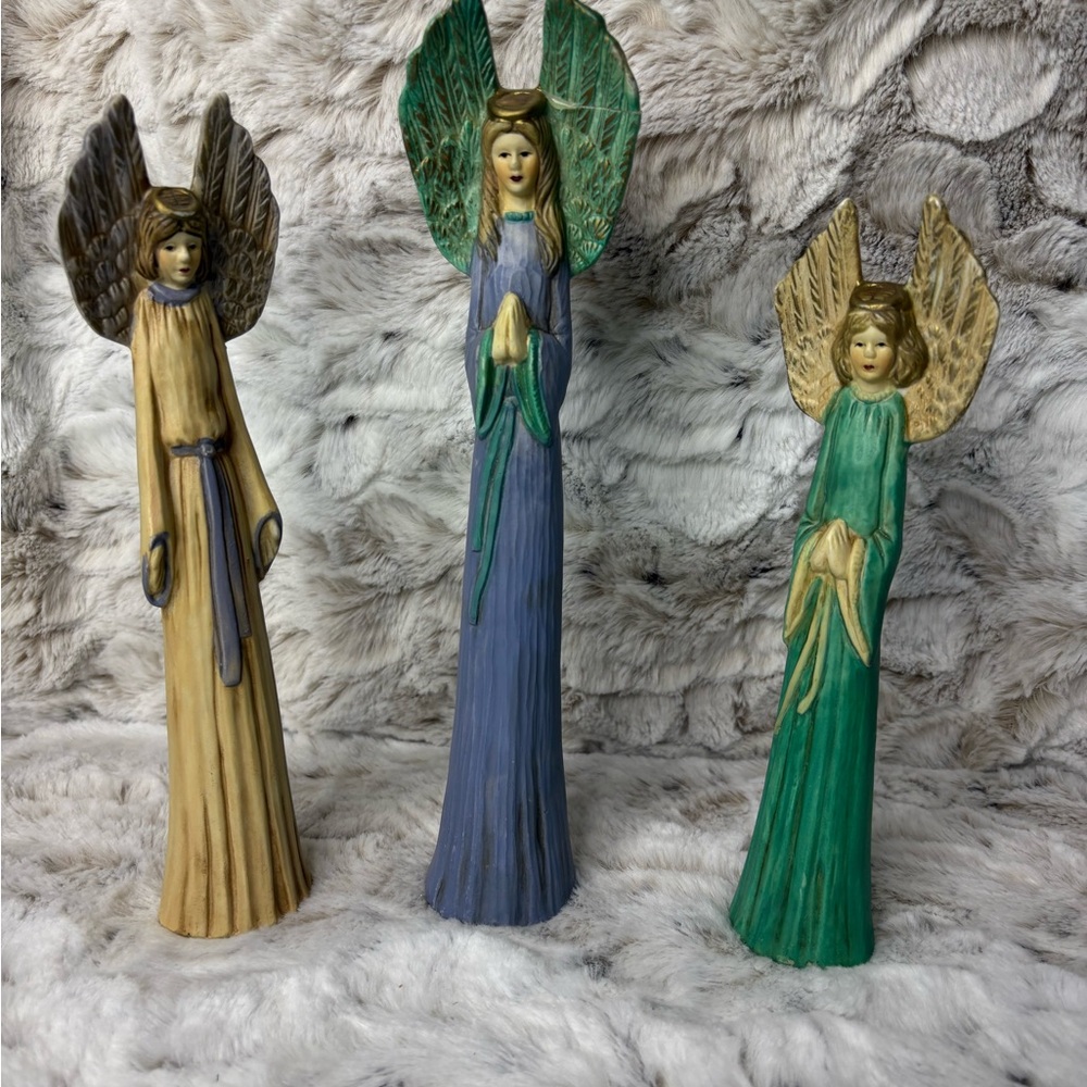 Vintage Set of Three Angel Ceramic Figurines in Blue, Green, and Tan